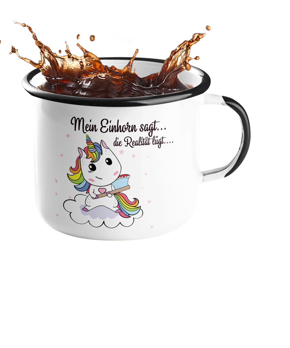 Emailletasse Einhorn "Die Realität lügt" druckguru