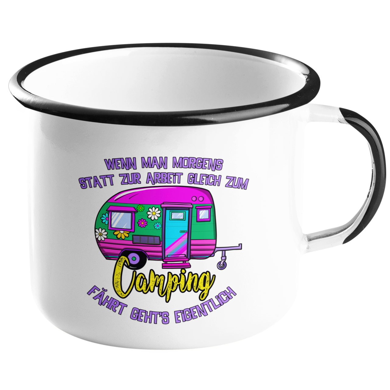 Camping Emailletasse "Camping statt Arbeit" Handmade-Lifestyle