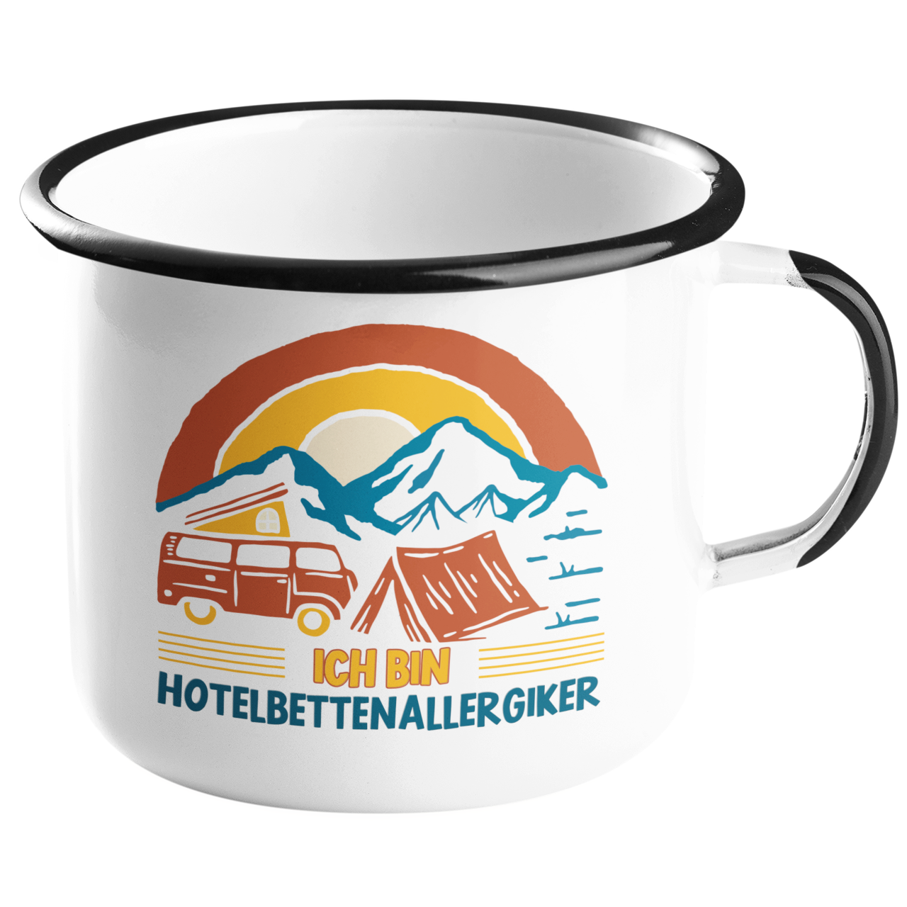 Camping Emailletasse "Hotelbettenallergiker" Handmade-Lifestyle