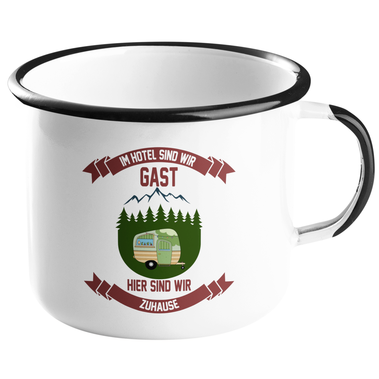 Camping Emailletasse "Hier sind wir Zuhause" Handmade-Lifestyle