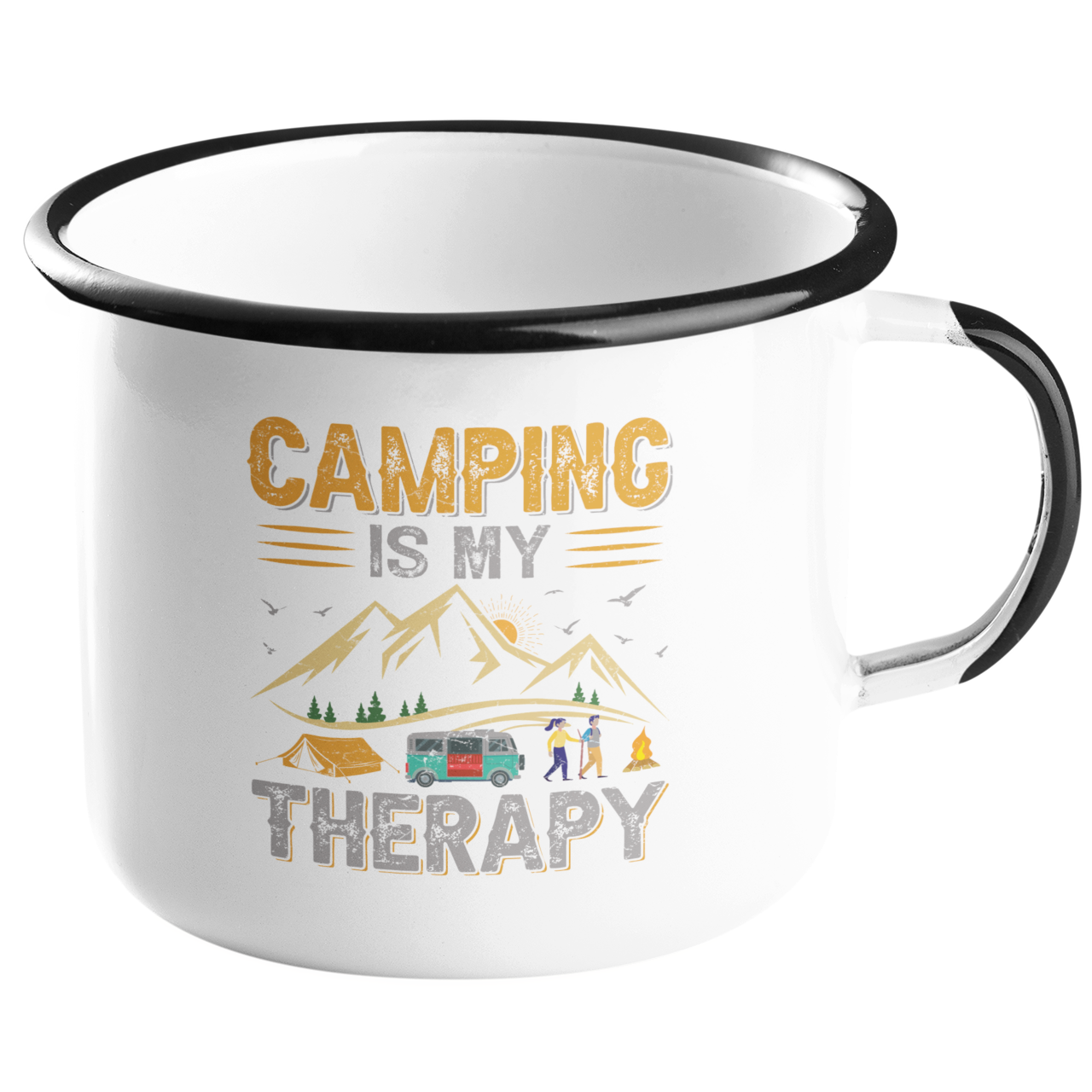 Camping Emailletasse "Camping is my Therapy" Handmade-Lifestyle
