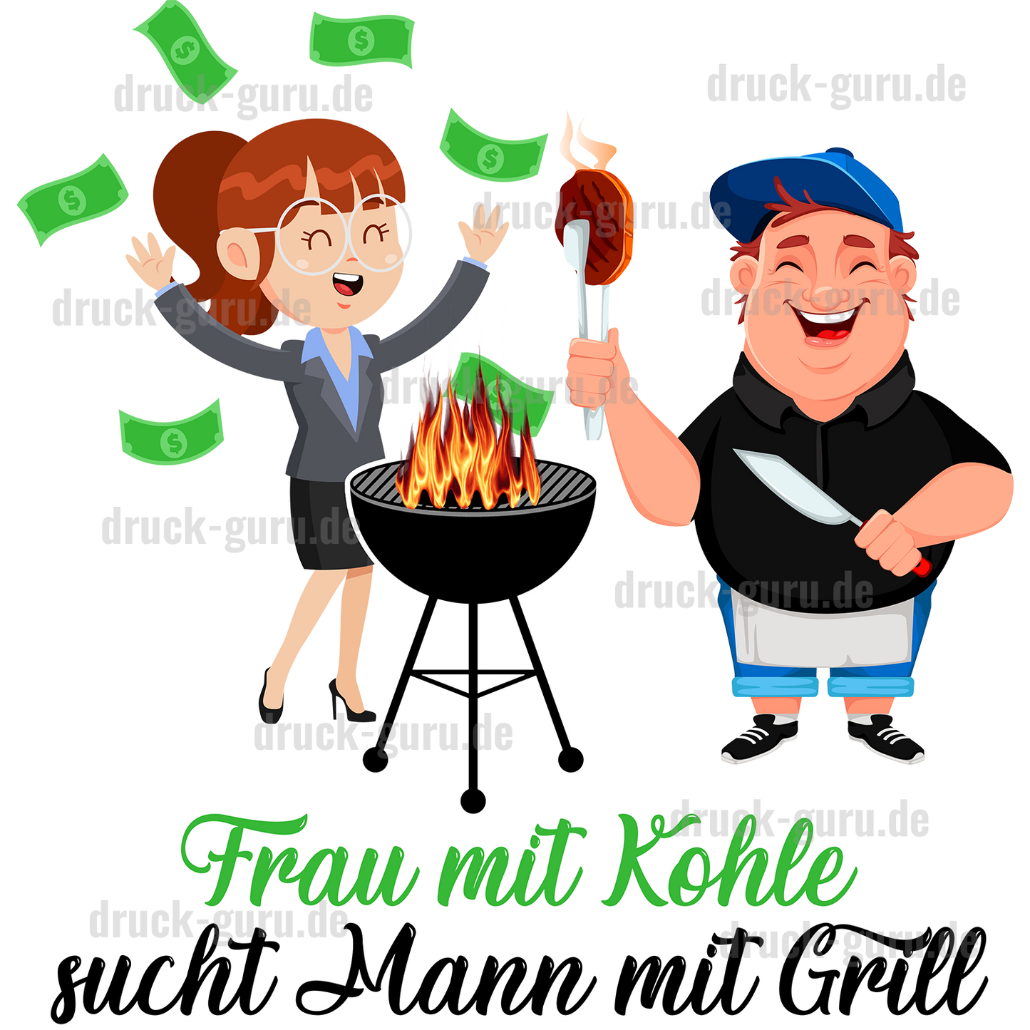 Bügelbild Frau mit Kohle sucht Mann mit Grill" druck-guru