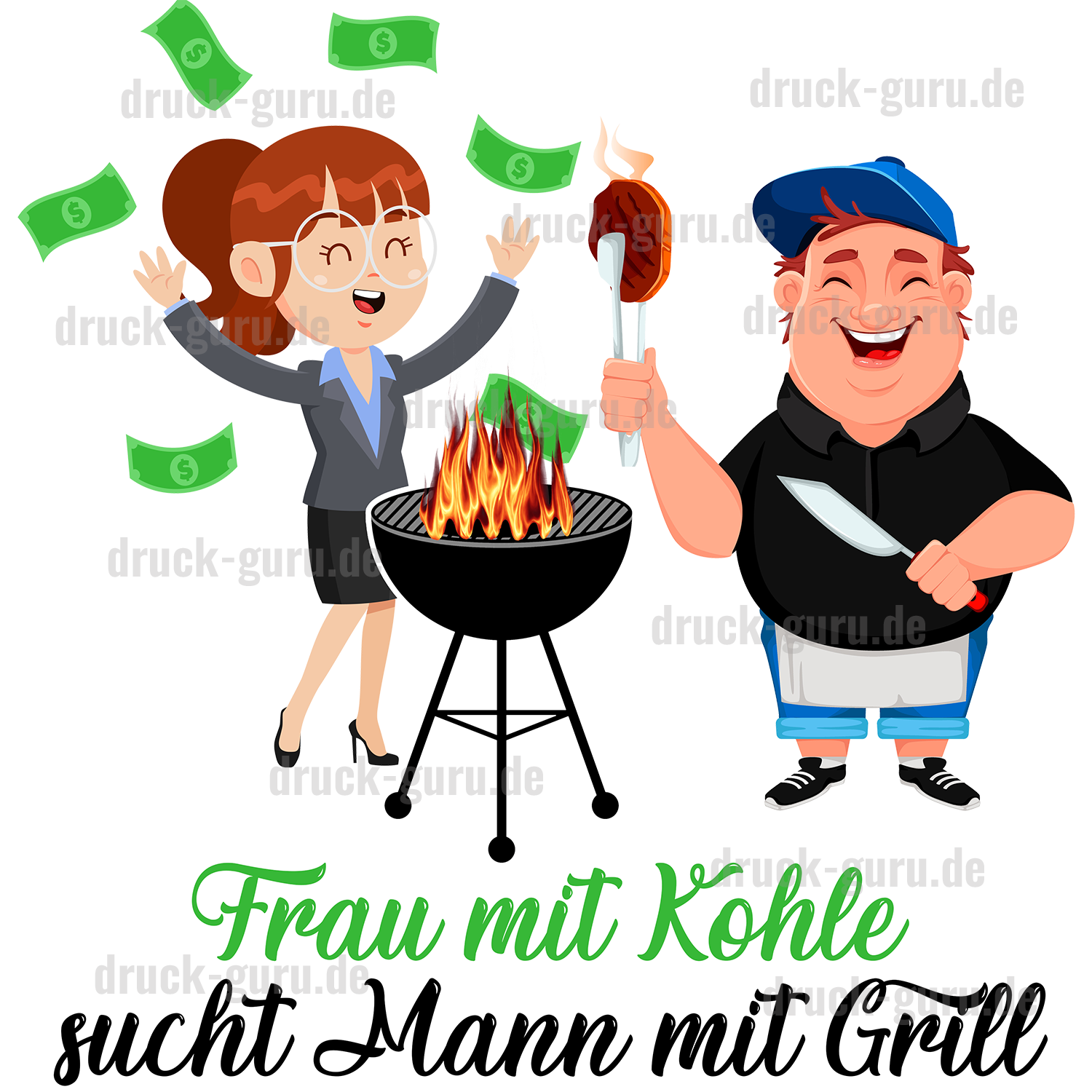 Bügelbild Frau mit Kohle sucht Mann mit Grill" druck-guru