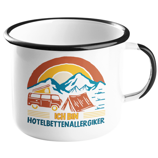 Camping Emailletasse "Hotelbettenallergiker" Handmade-Lifestyle