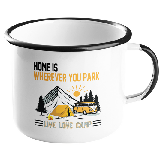 Camping Emailletasse "Home ist wherever you park" Handmade-Lifestyle