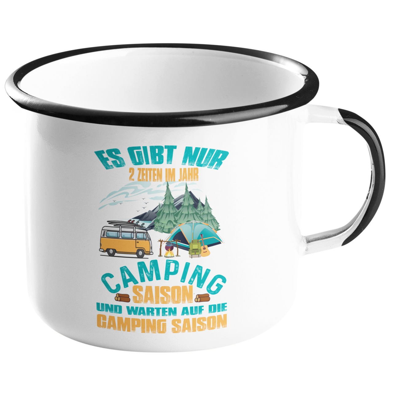 Camping Emailletasse "Es gibt nur 2 Zeiten im Jahr" Handmade-Lifestyle